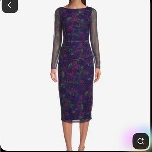 NWT - Vince Camuto Purple Floral Sheer-Sleeve Midi Dress
